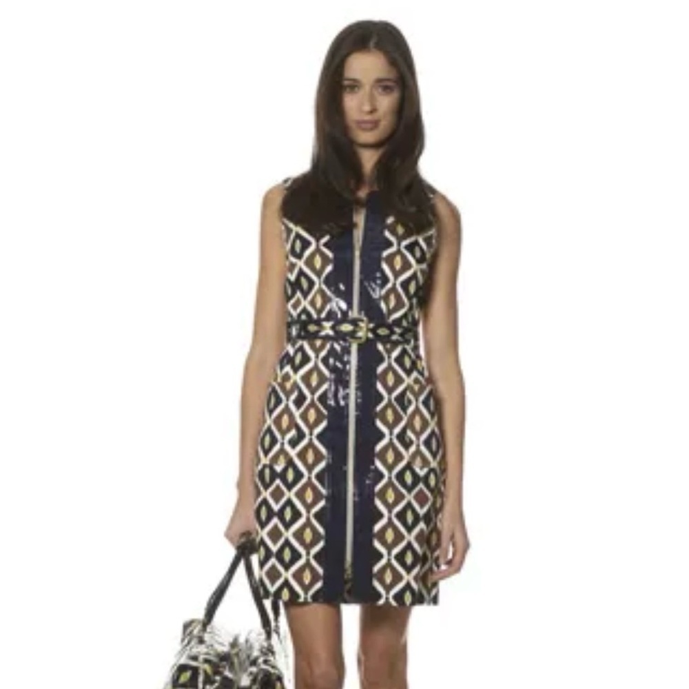 Tory Burch 2008 Mod Revival Retro Print Dress with Navy Patent Detail - size 0